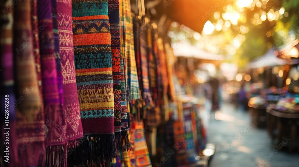 Obraz premium Colorful Handwoven Textiles in Market Setting