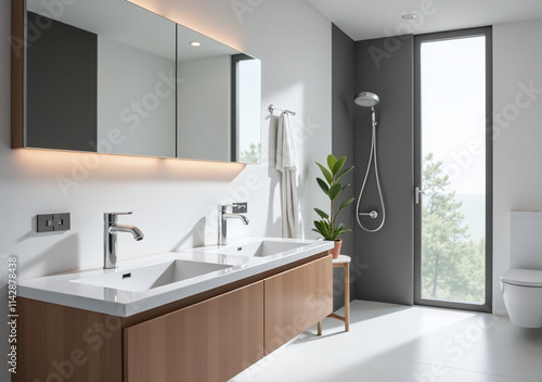 modern bathroom features sleek design touchless faucets smart mirrors clean lines convenient stylish photo