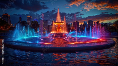 A vibrant fountain illuminated by colorful lights against a city skyline at dusk.