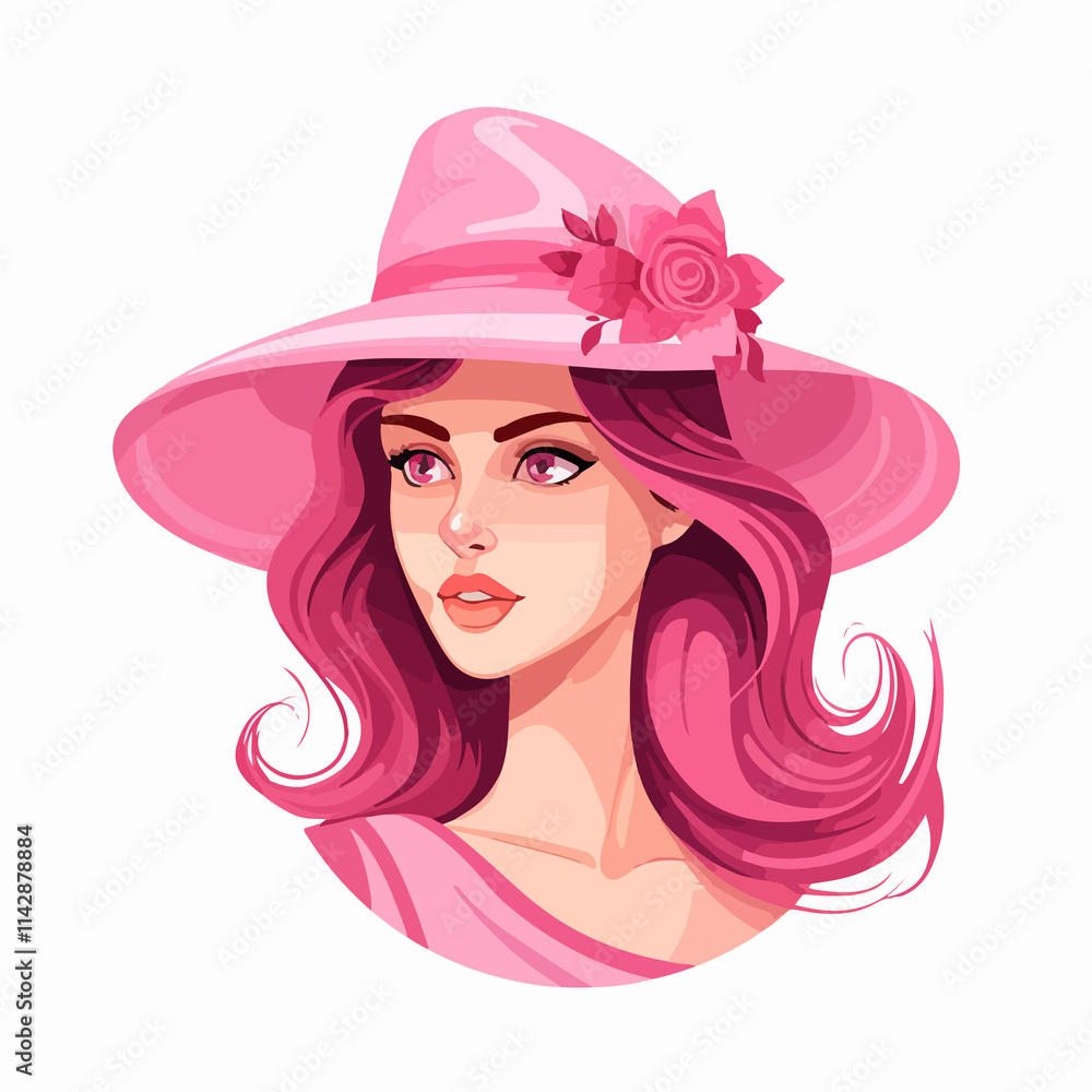 Fun cartoon illustration of a smiling woman in a pink hat for Women's Day celebration
