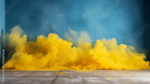 Large amount of yellow smoke is coming out of a vent, filling the room with a thick, hazy cloud. The smoke is yellow and billowing out of the vent, creating a surreal and ethereal atmosphere