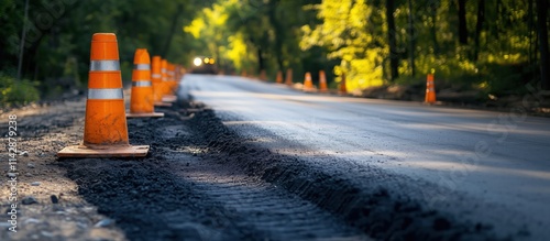 Road construction with orange traffic cones along a freshly paved road. Construction and closure