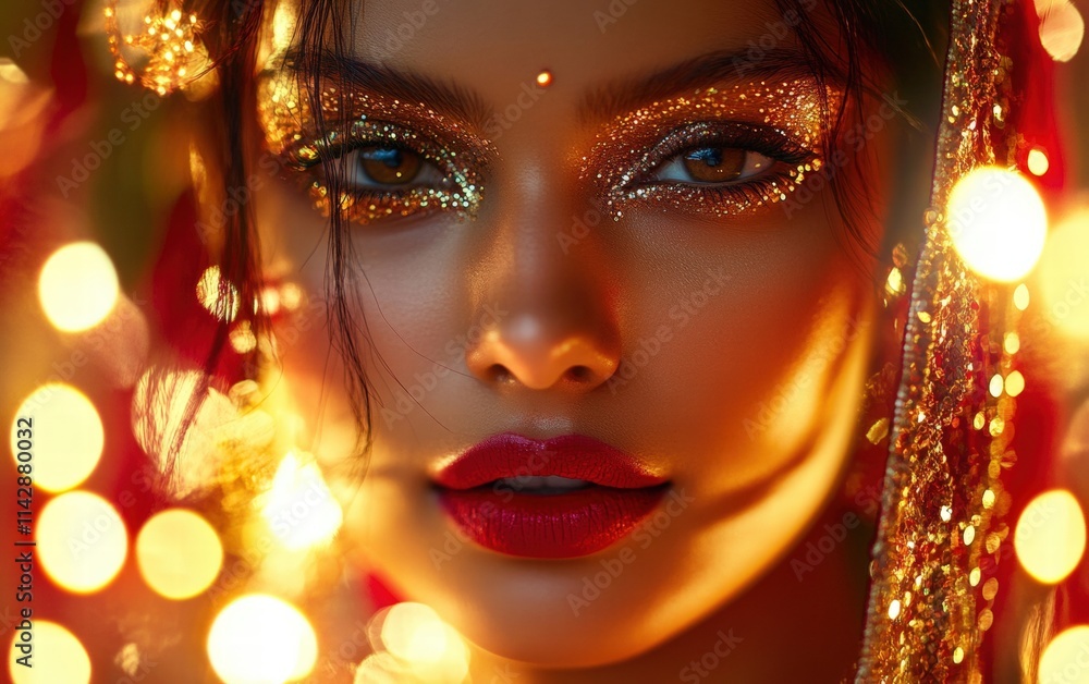 An Indian woman with radiant golden highlighter, bold red lips, and glittery eye makeup, framed by a luxurious festive backdrop with glowing garlands An Indian woman with radiant golden highlighter, bold red lips, and glittery eye makeup, framed by a luxurious festive backdrop with glowing garlands