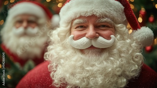 A close-up shot of Santa Claus in his iconic suit, great for holiday-themed designs and projects photo