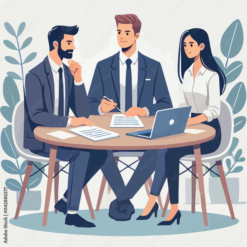 Partners meeting for business discussion with documents and laptop on desk. Couple at round table, speaking, discussing work, partnership. Flat vector on a white background Partners meeting for business discussion with documents and laptop on desk. Couple at round table, speaking, discussing work, partnership. Flat vector on a white background
