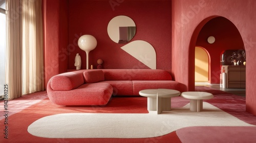 Modern red living room with unique sofa and curved decor elements