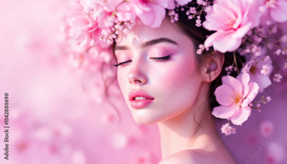 A young woman with beautiful flowers in her hair poses against a pastel pink background, exuding a fresh and vibrant aura. A young woman with beautiful flowers in her hair poses against a pastel pink background, exuding a fresh and vibrant aura.