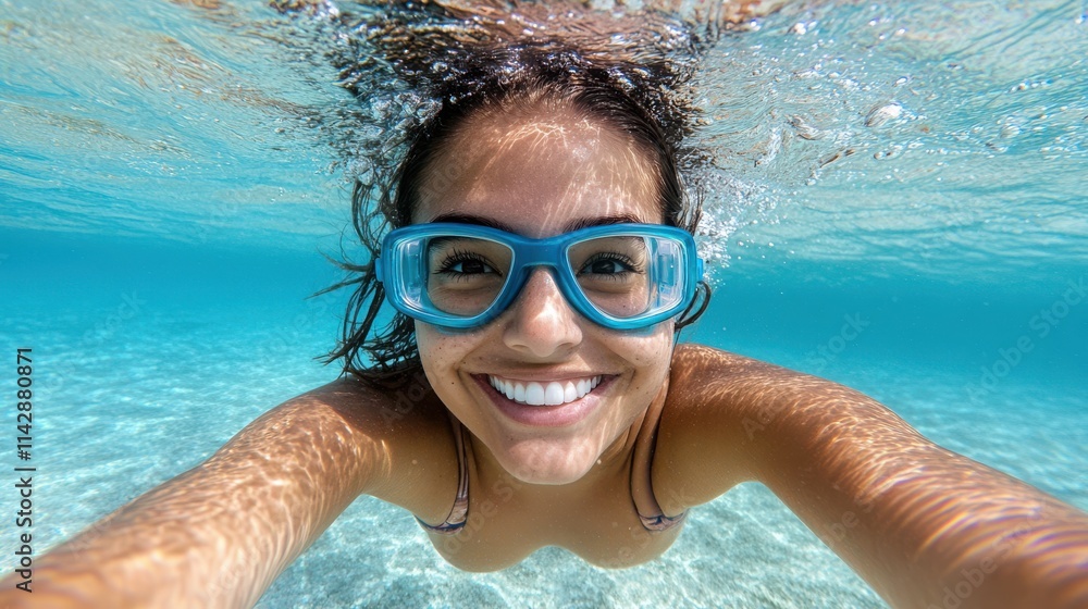 Fototapeta premium Underwater, a smiling face peeks through blue goggles, capturing a joyous moment of aquatic adventure.