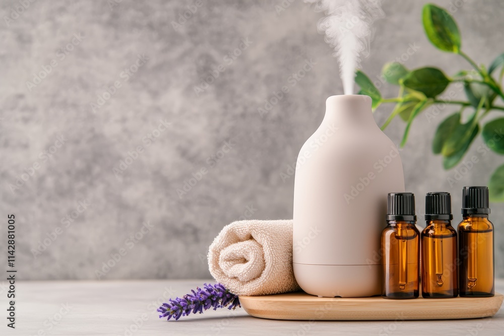 Baby Sleep Day. Essential oil diffuser emitting mist with small amber oil bottles on a table against a soft blue background. Baby Sleep Day. Essential oil diffuser emitting mist with small amber oil bottles on a table against a soft blue background.