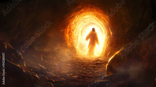 A depiction of jesus resurrected, emerging from the tomb in radiant light, symbolizing victory over death. Resplendent. Illustration