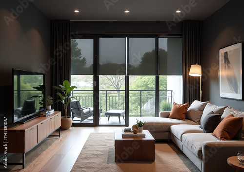 modern space features dark wood auto roller blinds blackout shades sleek techy