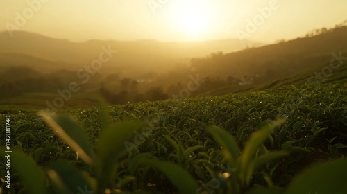 Golden Morning Light over Misty Hills and Plantations photo