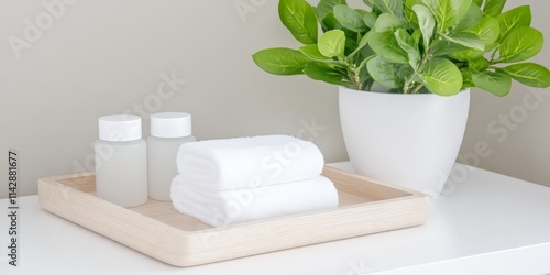 Two rolled white towels and skincare bottles on a wooden tray with a potted plant in a spa-like environment.