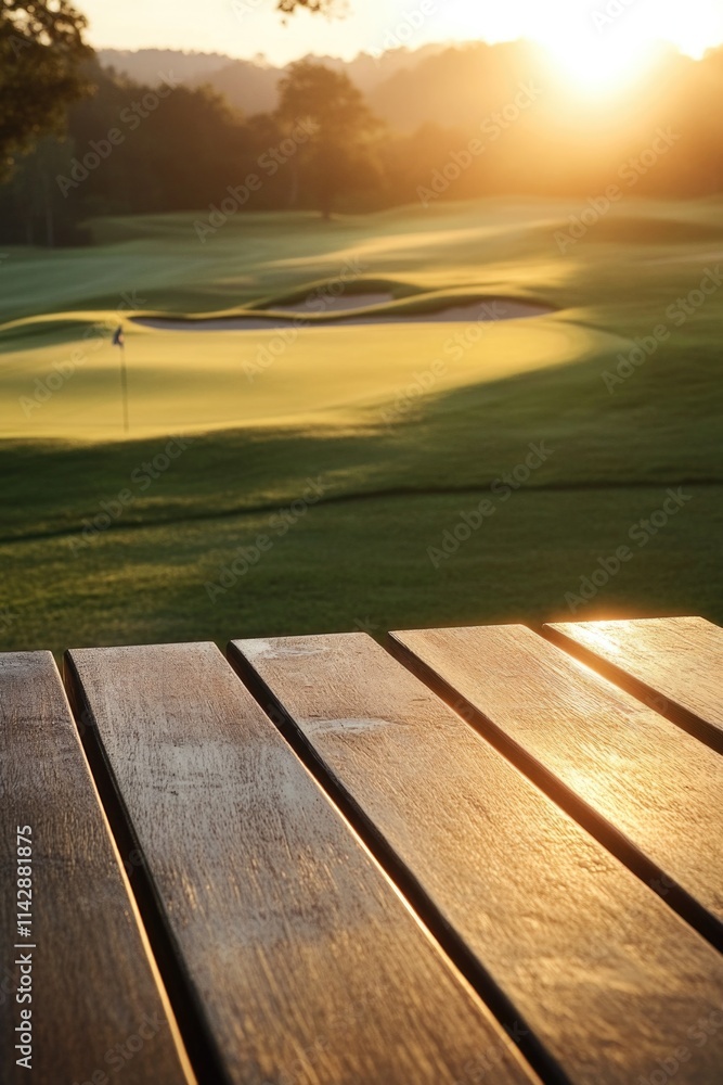 A scenic view of a golf course from behind a wooden table, ideal for use as a background or setting A scenic view of a golf course from behind a wooden table, ideal for use as a background or setting
