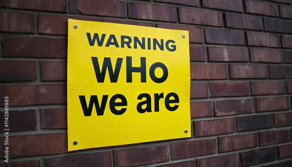 Warning sign posted on a brick wall. The sign is bright yellow with bold black text that reads who we are Warning sign posted on a brick wall. The sign is bright yellow with bold black text that reads who we are