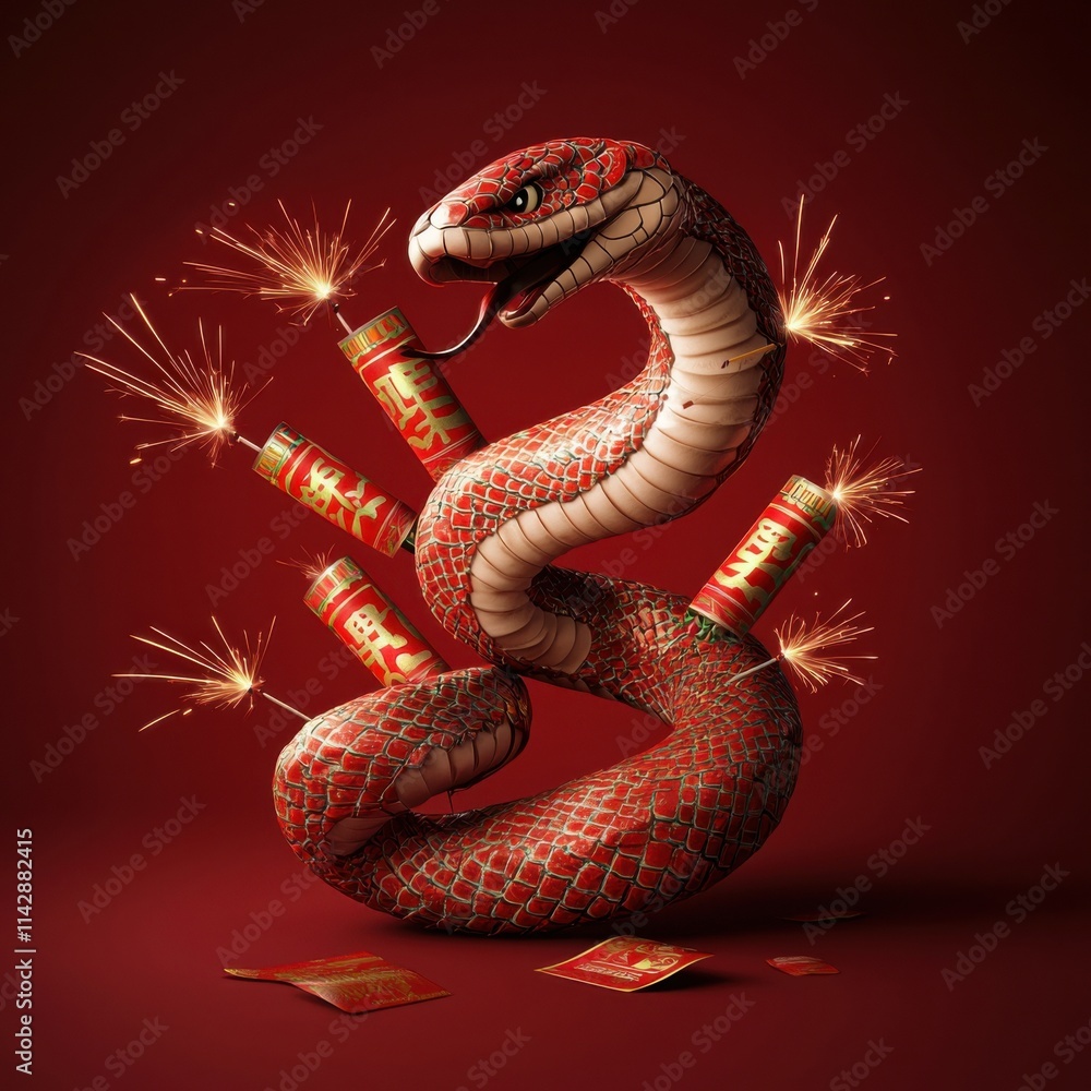 Fototapeta premium A striking red snake entwined with firecrackers, symbolizing celebration and power, set against a rich red backdrop.