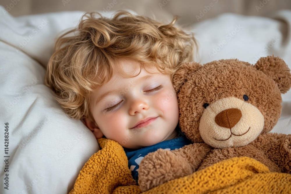 Baby Sleep Day. Sleeping 3-year-old toddler with soft blonde curls, gently hugging a plush teddy bear in both arms. Baby Sleep Day. Sleeping 3-year-old toddler with soft blonde curls, gently hugging a plush teddy bear in both arms.