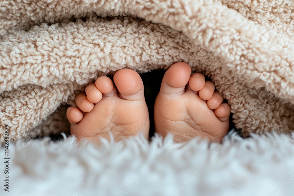 Children little foot look from a warm soft bed. Blur backdrop, warm atmosphere. Baby Sleep Day Children little foot look from a warm soft bed. Blur backdrop, warm atmosphere. Baby Sleep Day