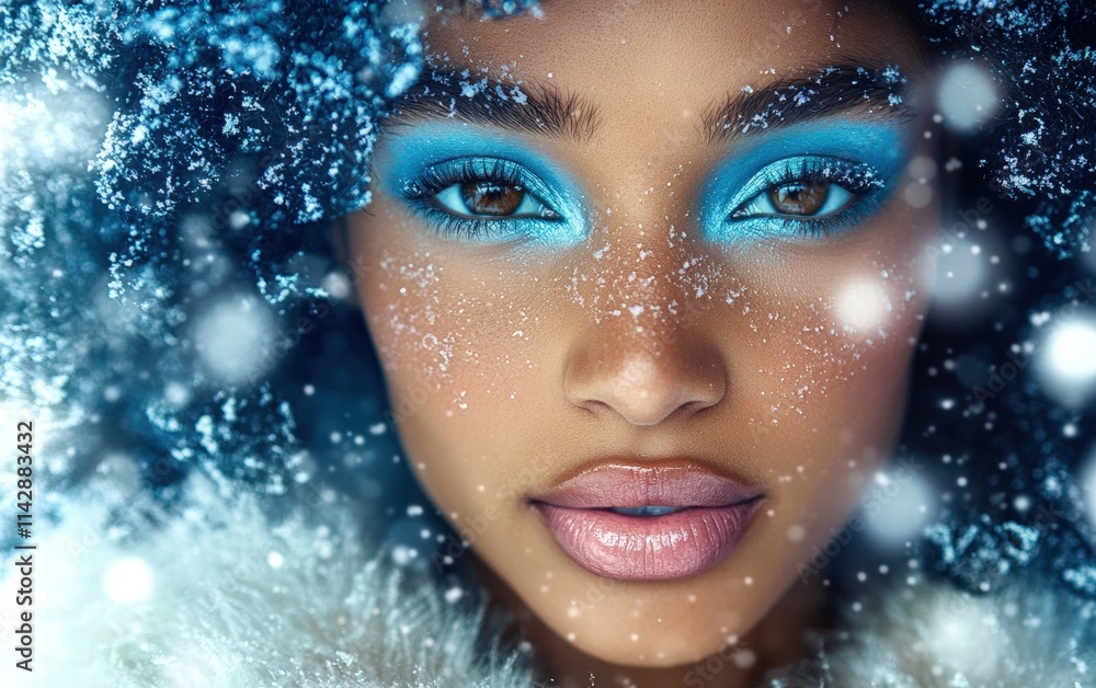 Close-up portrait of a model with glowing skin and frosty blue makeup on a snowy backdrop with gentle snowflakes Close-up portrait of a model with glowing skin and frosty blue makeup on a snowy backdrop with gentle snowflakes