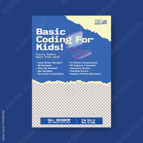 Kids Education Learn Coding & Robotic editable print flyer or poster template, software development leaflet, brochure cover template design