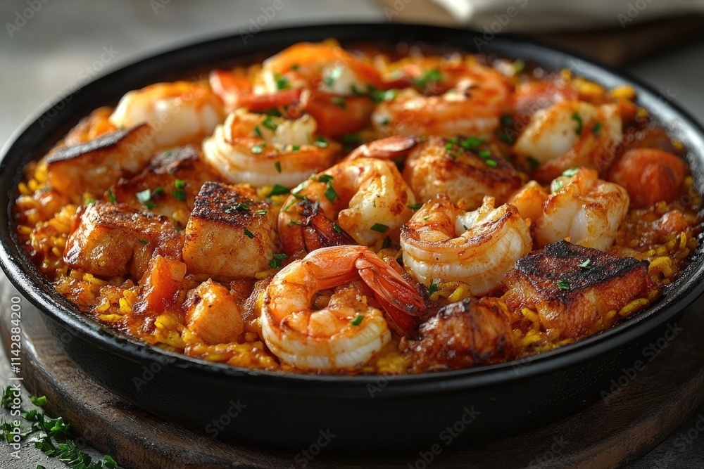 A skillet filled with cooked shrimp and corn, ready to serve A skillet filled with cooked shrimp and corn, ready to serve