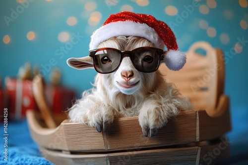 A goat dressed as Santa Claus with sunglasses, perfect for holiday season or festive themed projects photo