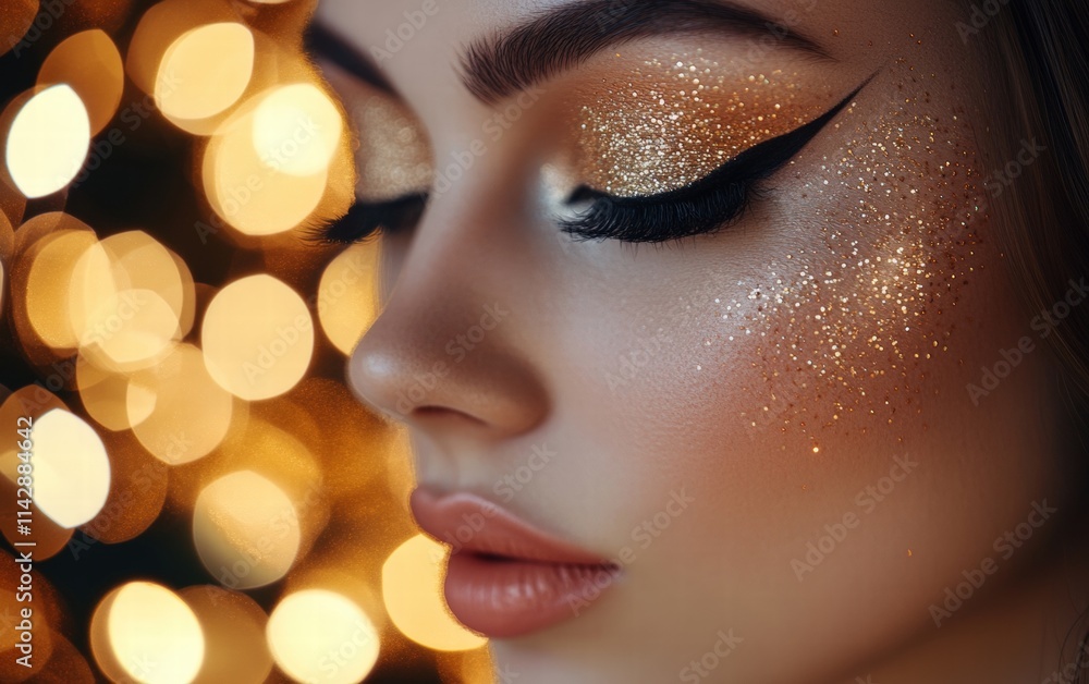 Glittery eye makeup with winged eyeliner and peach lips against glowing Christmas lights Glittery eye makeup with winged eyeliner and peach lips against glowing Christmas lights