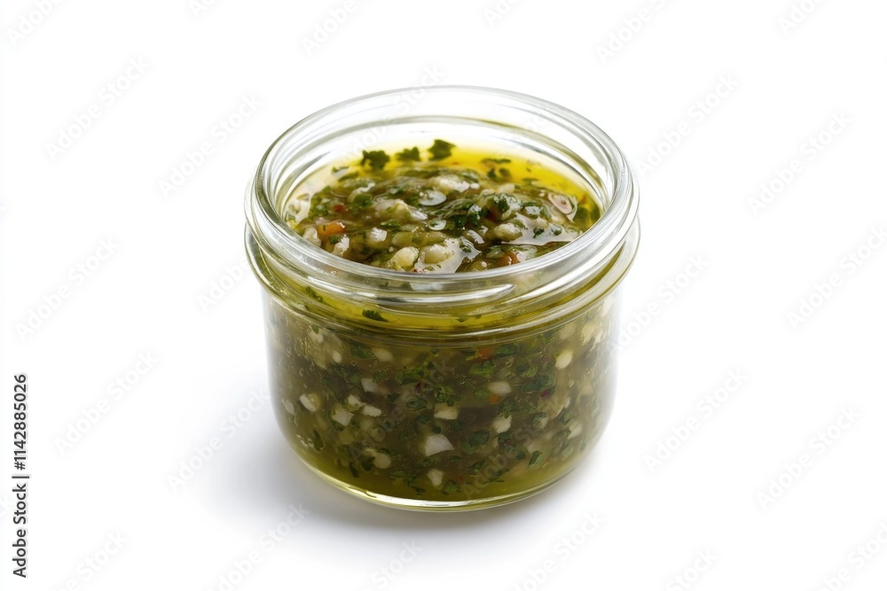 A jar filled with green pesto sauce, perfect for pasta dishes and more A jar filled with green pesto sauce, perfect for pasta dishes and more