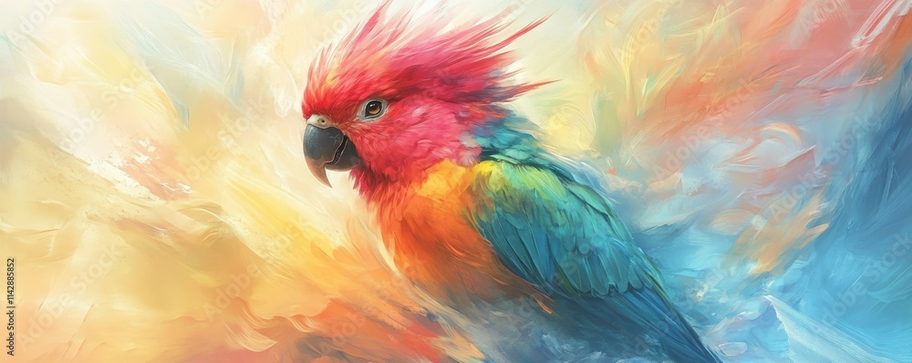 Obraz premium A vibrant, colorful parrot with a striking plumage stands out against a dreamy, abstract background of soft, blended hues.