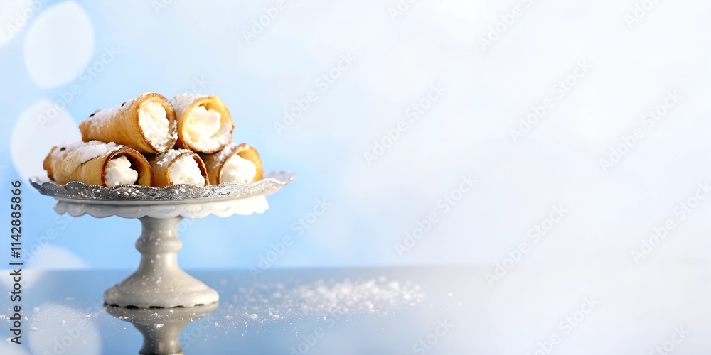 Fototapeta premium Elegant display of cannoli on a silver cake stand with a soft blue background