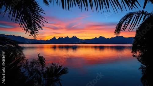 majestic tropical sunset with vibrant hues of orange and pink reflecting on calm waters, framed by silhouetted palm trees, creating a serene paradise atmosphere