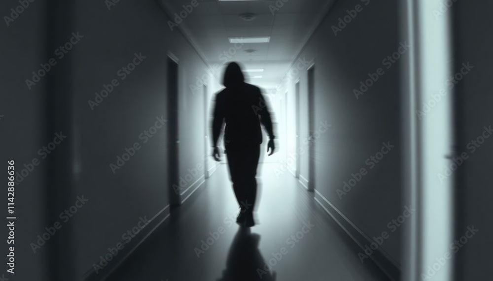 Person walking in long corridor. Blurred motion creates ghost effect. Dark colours, empty space suggest mystery fear. Interior setting implies building hospital hallway. Eerie atmosphere apparent. Person walking in long corridor. Blurred motion creates ghost effect. Dark colours, empty space suggest mystery fear. Interior setting implies building hospital hallway. Eerie atmosphere apparent.