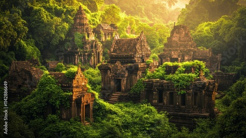 Fototapeta Naklejka Na Ścianę i Meble -  Overgrown Ruins Surrounded by Dense Jungle Light