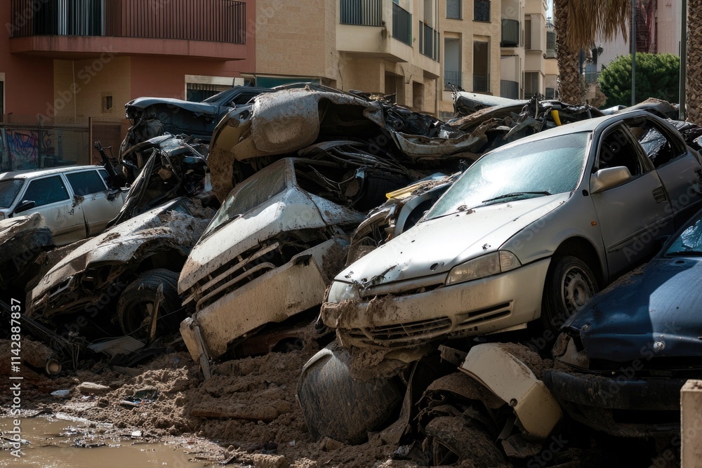 A group of vehicles stuck in muddy terrain, possibly after a flood or off-road adventure A group of vehicles stuck in muddy terrain, possibly after a flood or off-road adventure