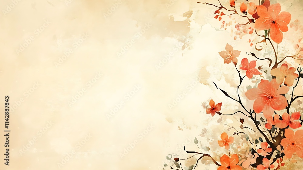Watercolor Painting Of Peach Blossoms On A Beige Background Watercolor Painting Of Peach Blossoms On A Beige Background