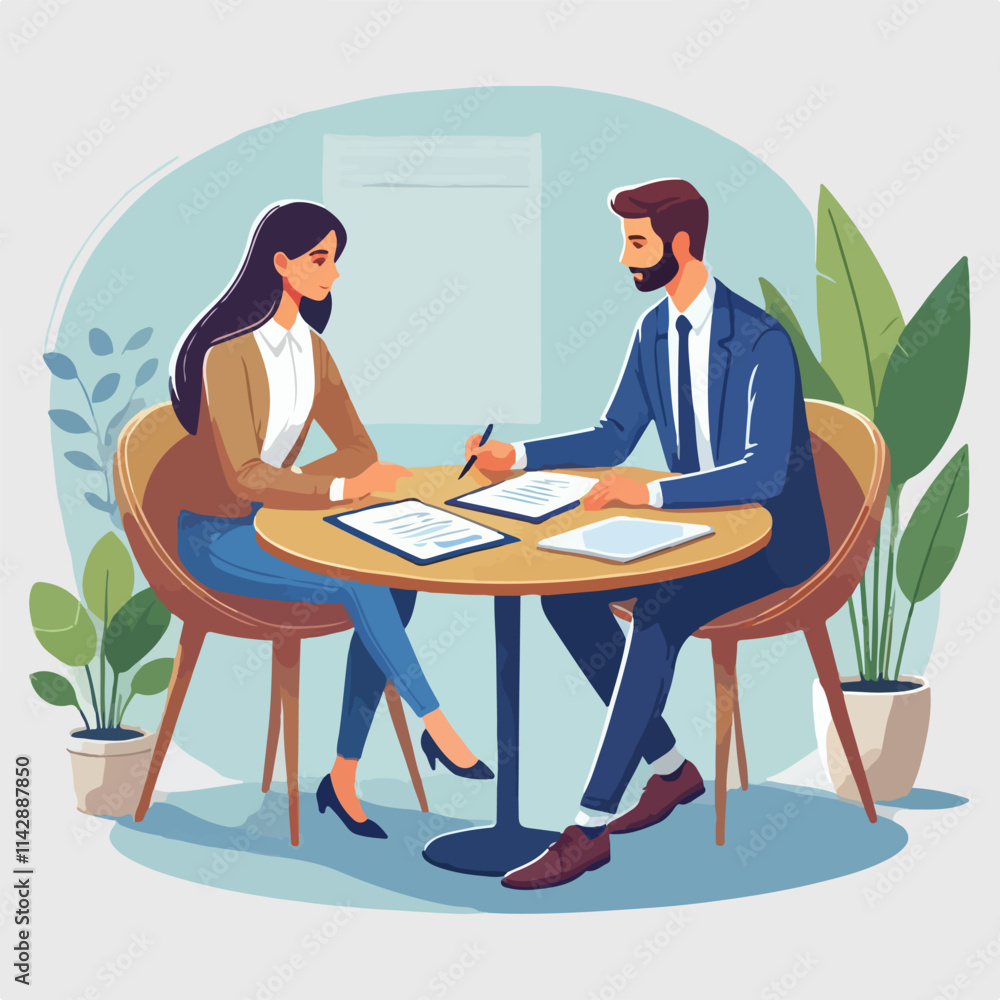 Partners meeting for business discussion with documents and laptop on desk. Couple at round table, speaking, discussing work, partnership. Flat vector on a white background Partners meeting for business discussion with documents and laptop on desk. Couple at round table, speaking, discussing work, partnership. Flat vector on a white background