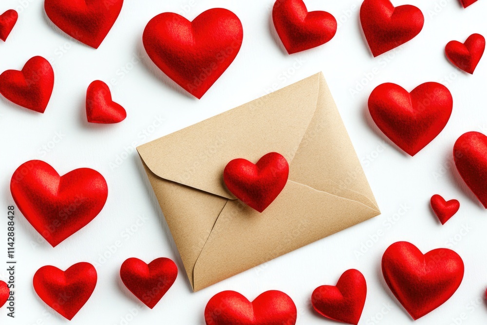 A brown envelope decorated with red hearts on a white background, great for love or friendship themed projects A brown envelope decorated with red hearts on a white background, great for love or friendship themed projects