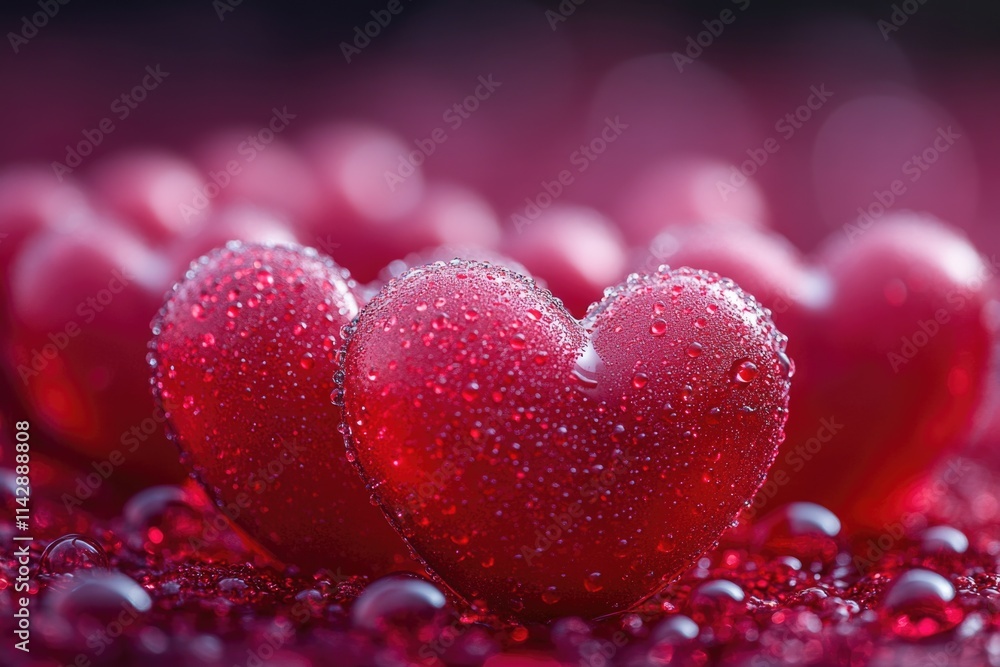 A group of red hearts sitting on top of a bed of water droplets A group of red hearts sitting on top of a bed of water droplets