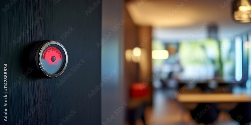 A modern smart thermostat with a red display reflects technology and elegance. This image captures a seamless blend of functionality and design in a contemporary home setting. AI A modern smart thermostat with a red display reflects technology and elegance. This image captures a seamless blend of functionality and design in a contemporary home setting. AI