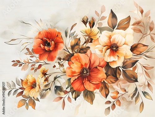 A watercolor-style floral arrangement with orange and yellow flowers and brown leaves.