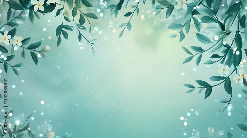 Delicate White Blossoms Frame Soft Teal Background Delicate White Blossoms Frame Soft Teal Background