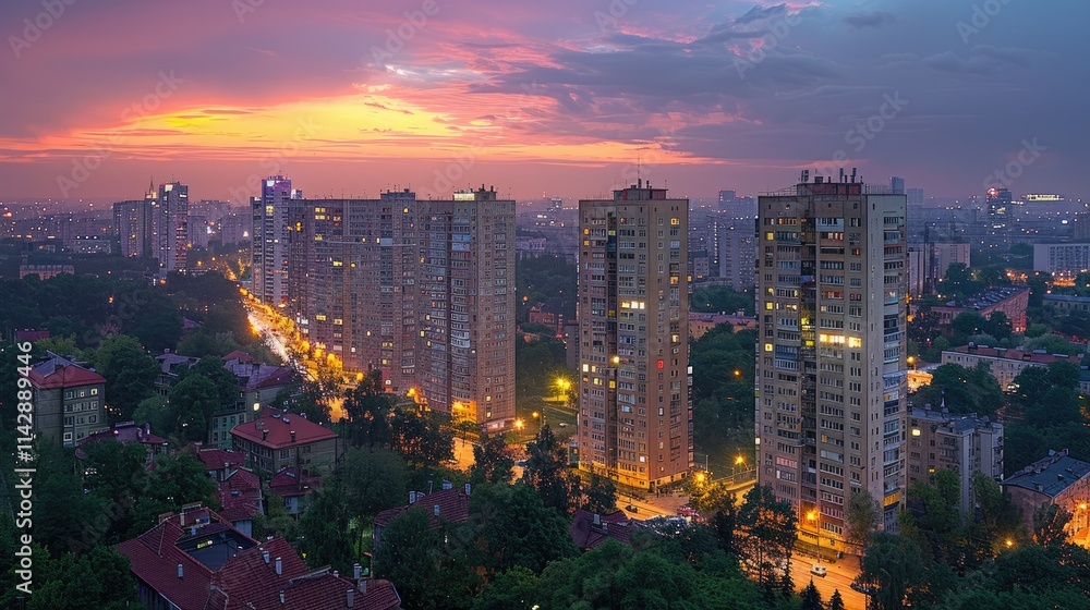 Obraz premium A vibrant urban skyline at sunset with residential buildings and city lights.