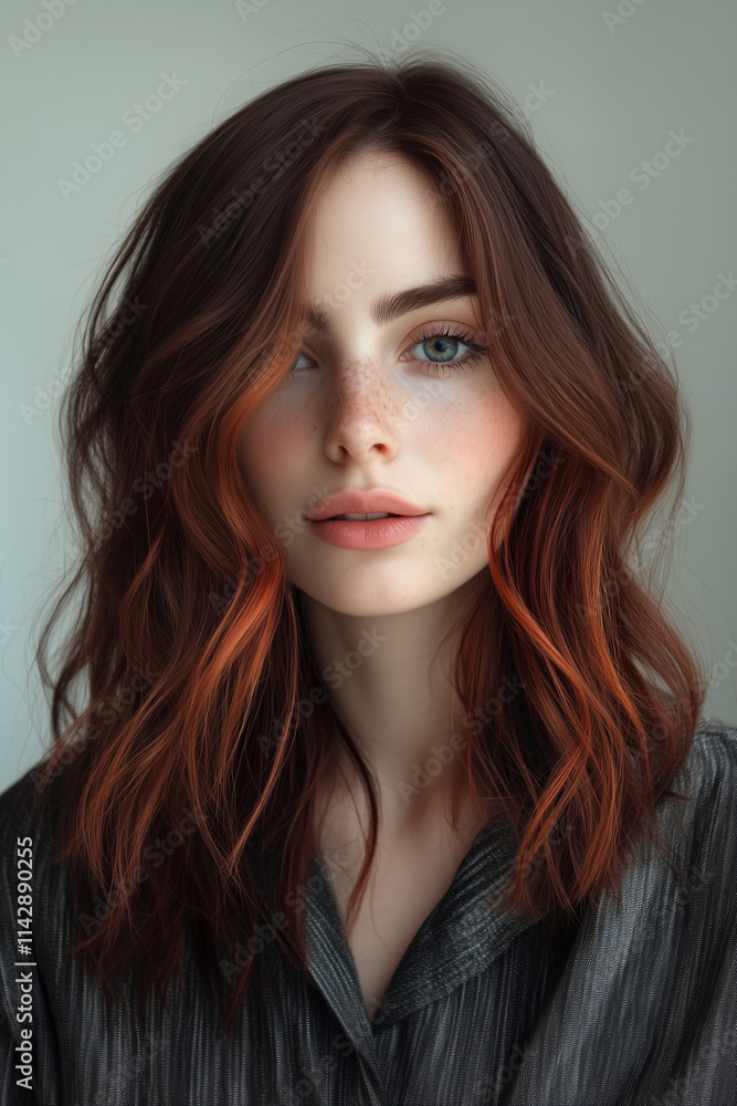 Brown-haired woman with soft red highlights, wavy hairstyle, neutral background. Brown-haired woman with soft red highlights, wavy hairstyle, neutral background.