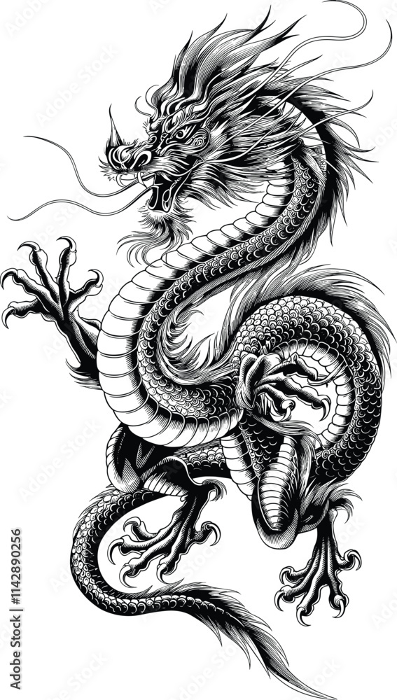 Fototapeta premium Intricate Chinese Dragon Line Art for Coloring Pages and Design Projects