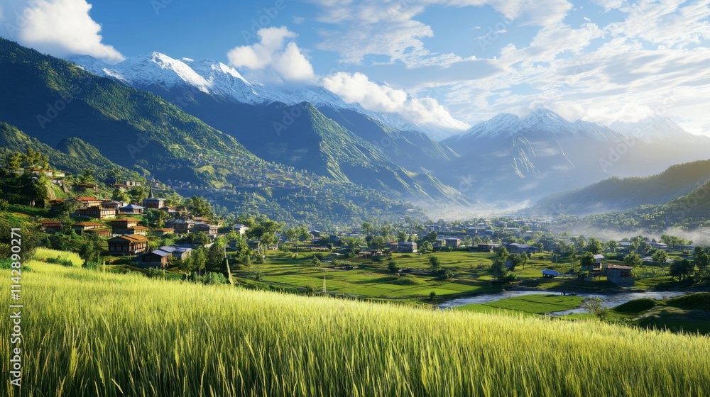 Scenic Valley with Monasteries Overlooking Mountains Scenic Valley with Monasteries Overlooking Mountains