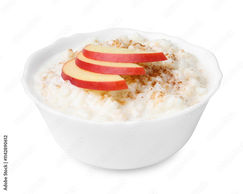 Delicious rice pudding with cinnamon and apple isolated on white Delicious rice pudding with cinnamon and apple isolated on white