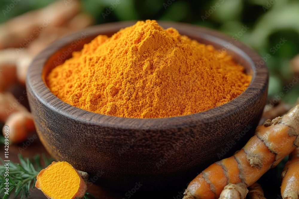 A wooden bowl filled with a vibrant yellow mixture of tumeric A wooden bowl filled with a vibrant yellow mixture of tumeric