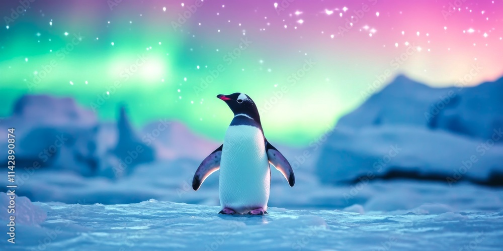 Fototapeta premium A majestic penguin stands on the icy ground under a colorful aurora borealis. This captivating scene highlights the beauty of nature. Perfect for wildlife and travel themes. AI