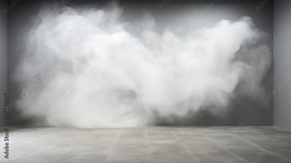 Large cloud of white smoke is hanging from the ceiling. The room is empty and the smoke is filling the space Large cloud of white smoke is hanging from the ceiling. The room is empty and the smoke is filling the space