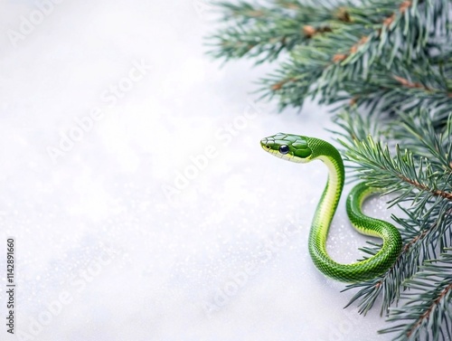 Green snake against the background of a snow-covered fir tree, on white background,  empty white frame for text, copy space. Symbol of 2025 year of the Snake, picture for postcard and poster calendar photo